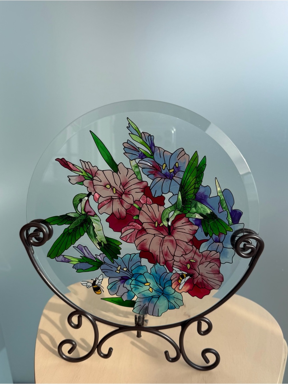Joan Baker Designs Hummingbird & Gladiolus Hand-Painted Stained Glass with Stand